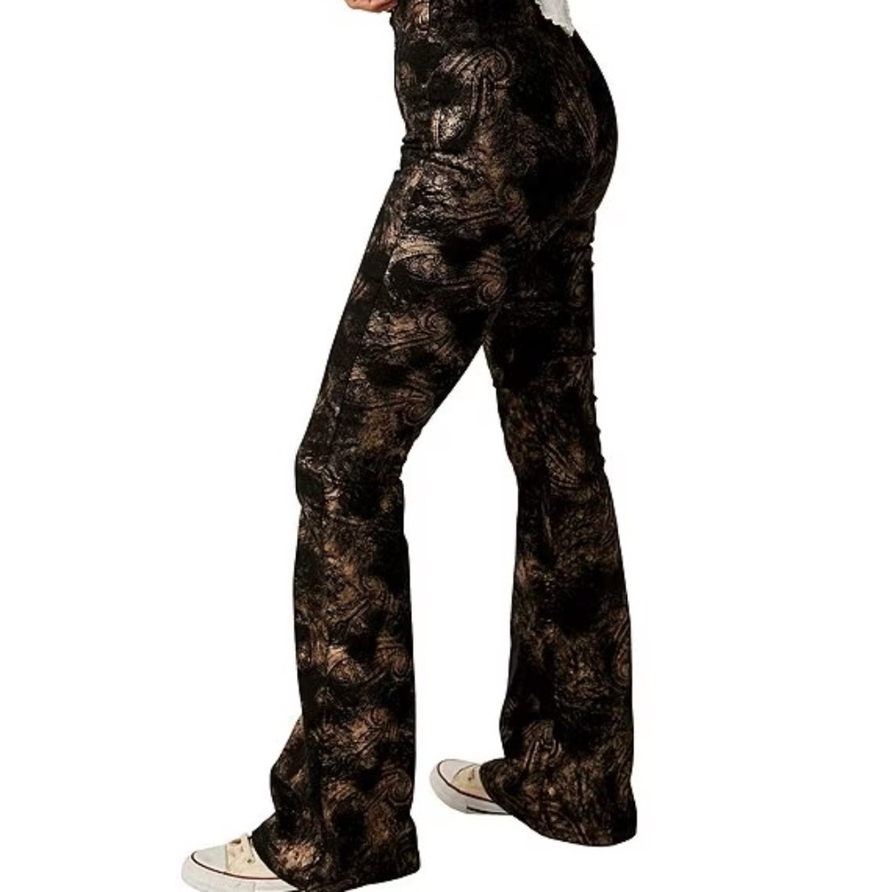 NWT Free People Jayde Printed Metallic Flare Jeans Black Tie 28